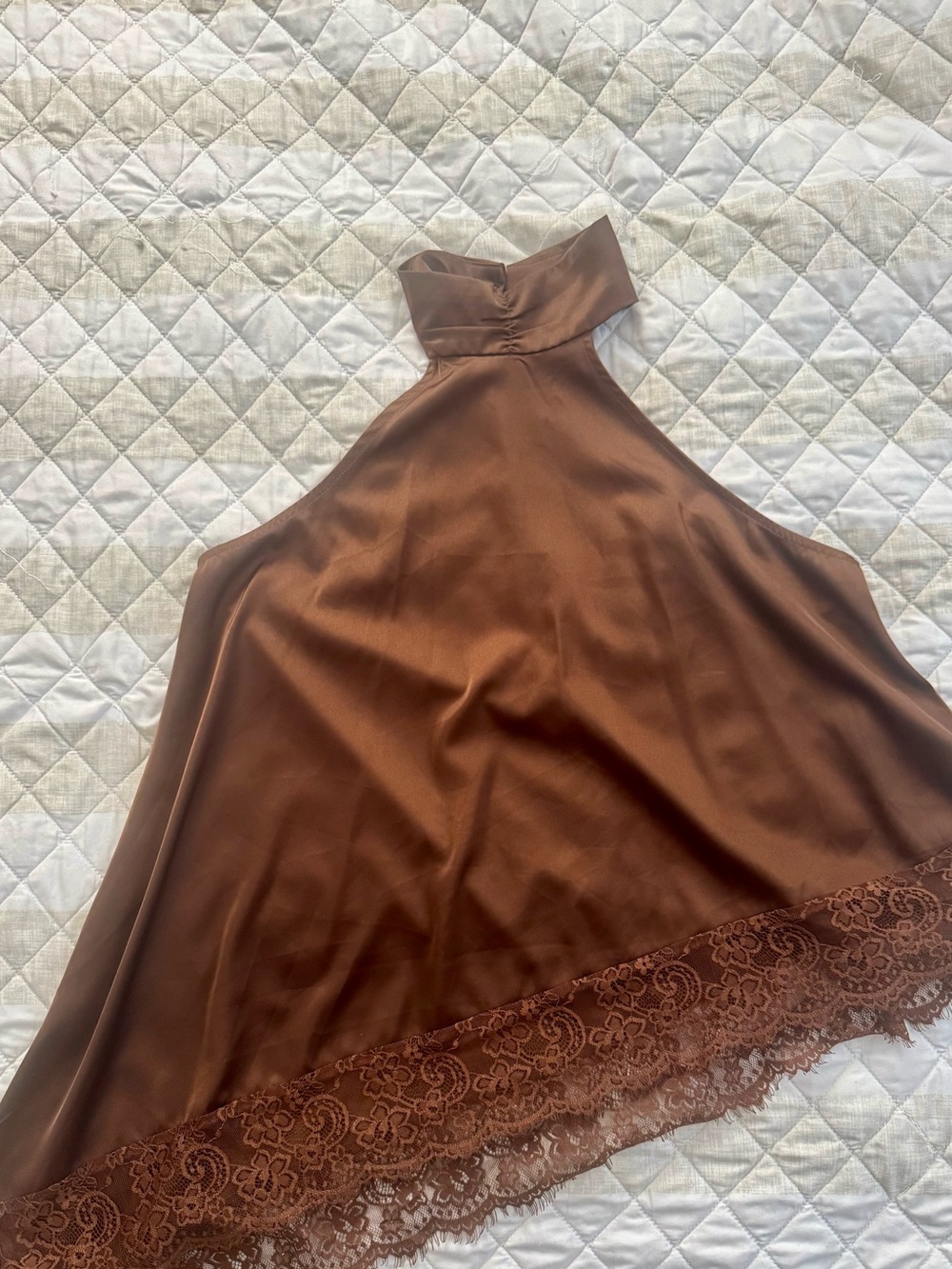 Satin Halter Lace-Trim Camisole in Brown